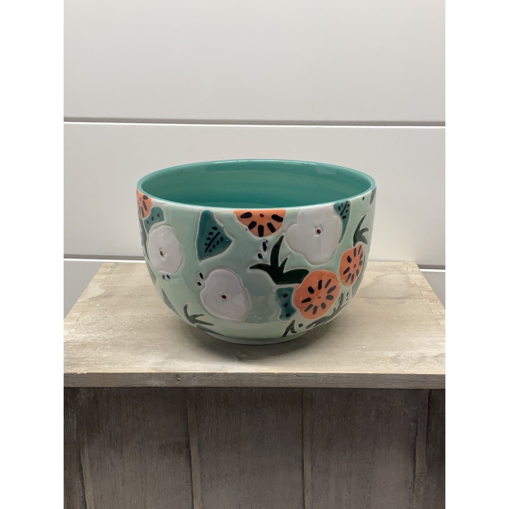Anthropologie Floral Ceramic Serving Bowl Mint Green Teal Orange White 6.5in